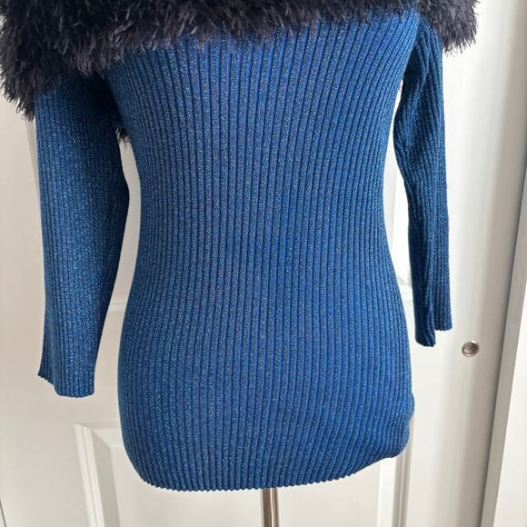 VTG Laura Michelle Holiday Shimmer Off Shoulder Top Black Faux Fur Y2K 90s S - Picture 4 of 7